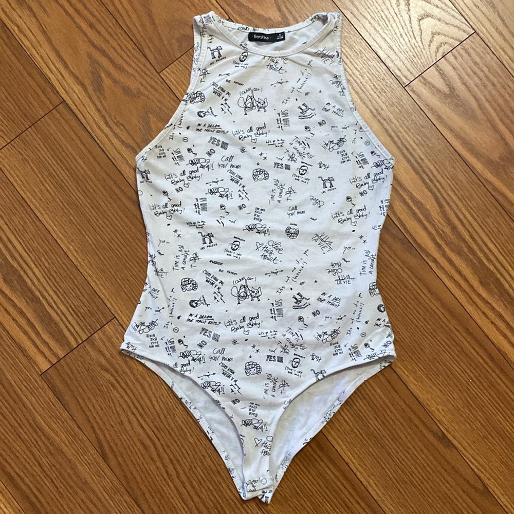 Bershka women’s white w black letter message bodysuit sleeveless snap closure